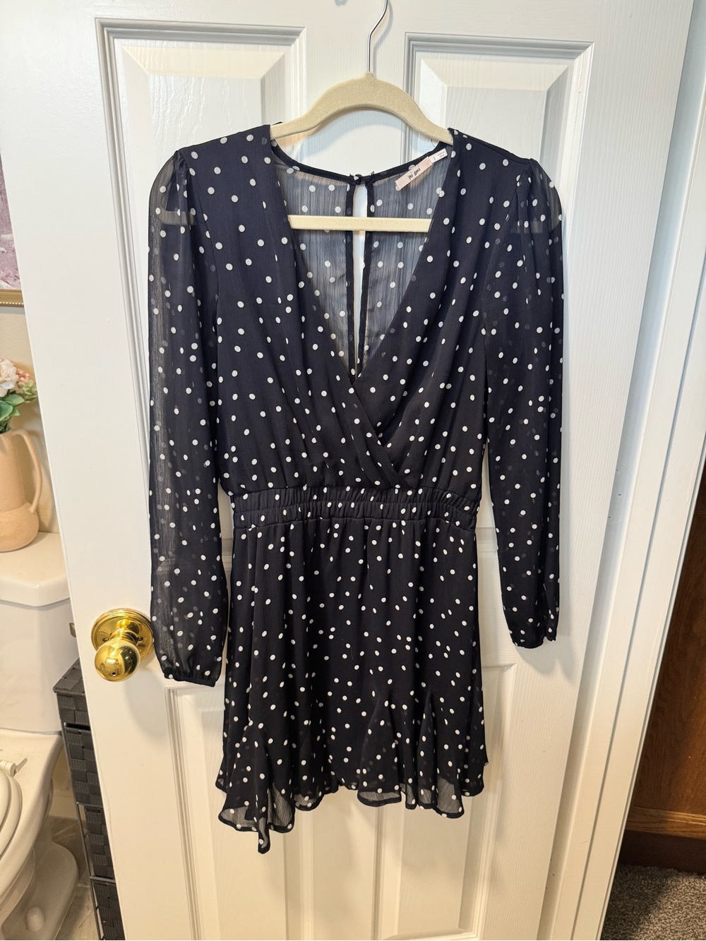 Polka Dot V-Neck Long Sleeve Mini Dress - Navy/White